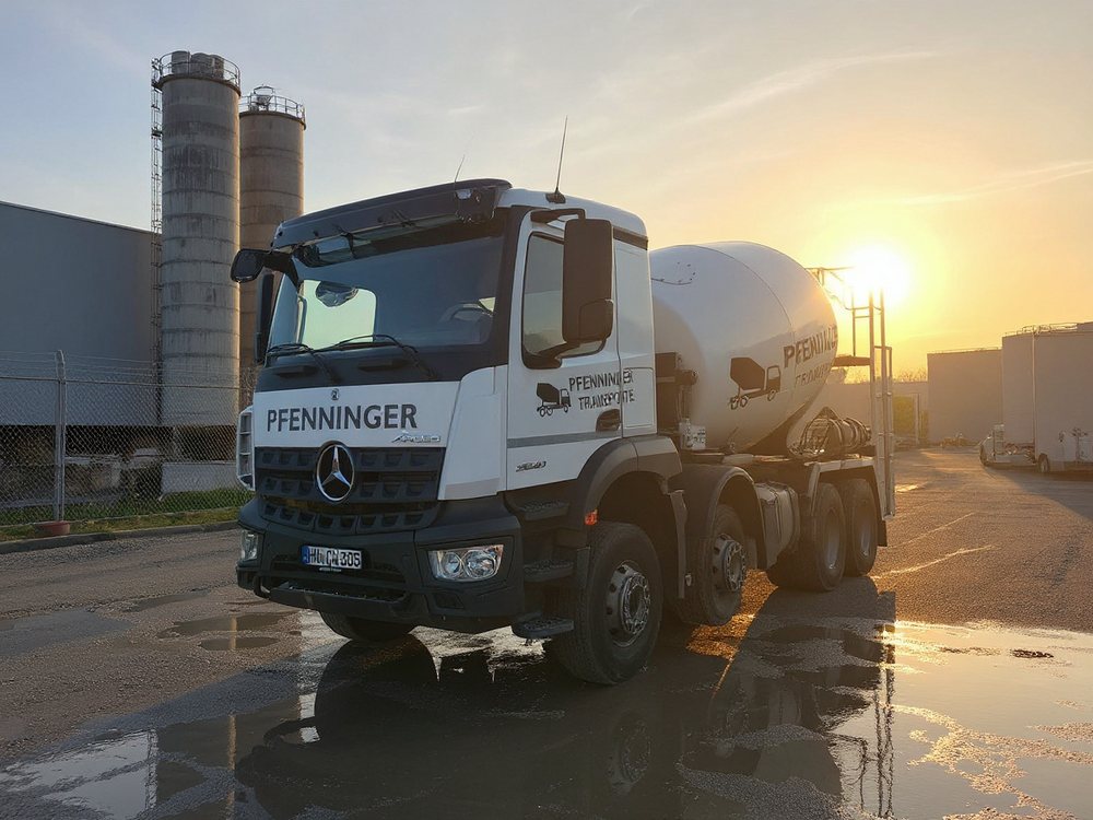 Pfenninger-Fahrmischer bei Sonnenaufgang auf dem Hof eines Transportbetonwerks, Zementsilos im Hintergrund – Serienbetonage im Takt